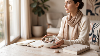 Bir kadın, üzerinde 'Doğurganlık Bilinci' yazan ve doğal döngüleri simgeleyen şık bir günlük ve bir porselen kase içindeki taşlarla meditasyon yaparken görülüyor.