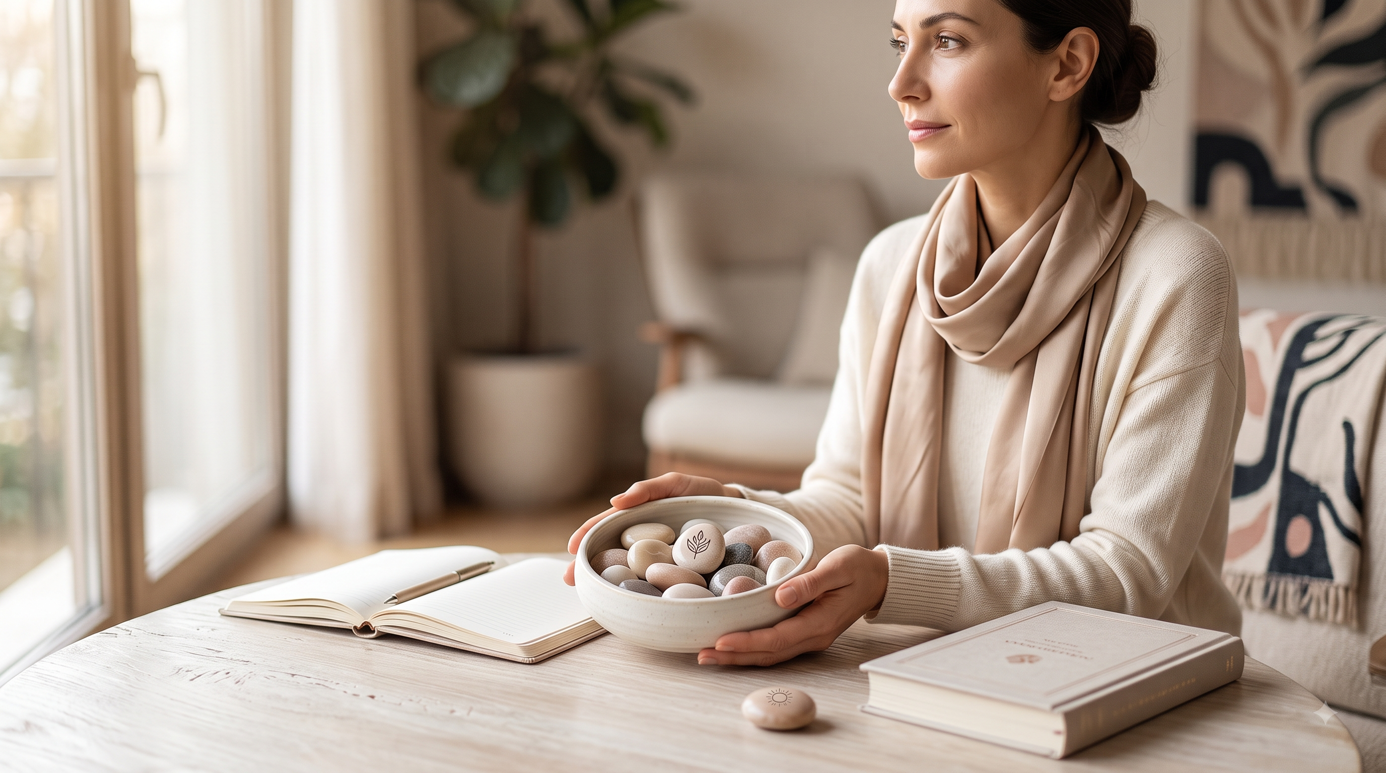 Bir kadın, üzerinde 'Doğurganlık Bilinci' yazan ve doğal döngüleri simgeleyen şık bir günlük ve bir porselen kase içindeki taşlarla meditasyon yaparken görülüyor.