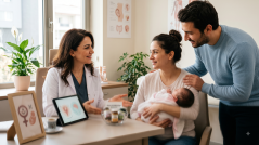 Yeni bir anne ve babanın, kucaklarındaki yenidoğan bebekle birlikte uzman bir kadın doğum doktoruyla modern ve sıcak bir klinikte doğum sonrası bakım ve aile planlaması üzerine danışmanlık yaptığı anın fotoğrafı.
