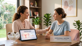Modern bir klinikte, polikistik over sendromu (PKOS) ve hormonal denge hakkında bir kadın hasta ile konuşan uzman kadın doktor. Tablette PKOS anatomik şeması görülüyor.