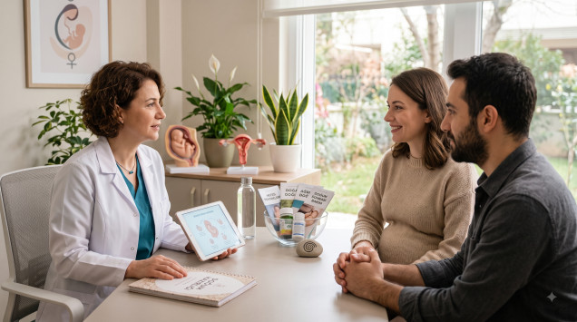 Gelecek ebeveynler, modern ve sıcak bir kadın sağlığı kliniğinde, uzman bir kadın doğum doktoru eşliğinde doğum hazırlığı ve eğitimi alıyor, tablet üzerinden bilgi ediniyorlar.