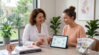 Vulva hastalıkları ve dış genital bölge sağlığı hakkında bilgi veren, uzman doktor eşliğinde modern tıbbi danışmanlık sahnesi.
