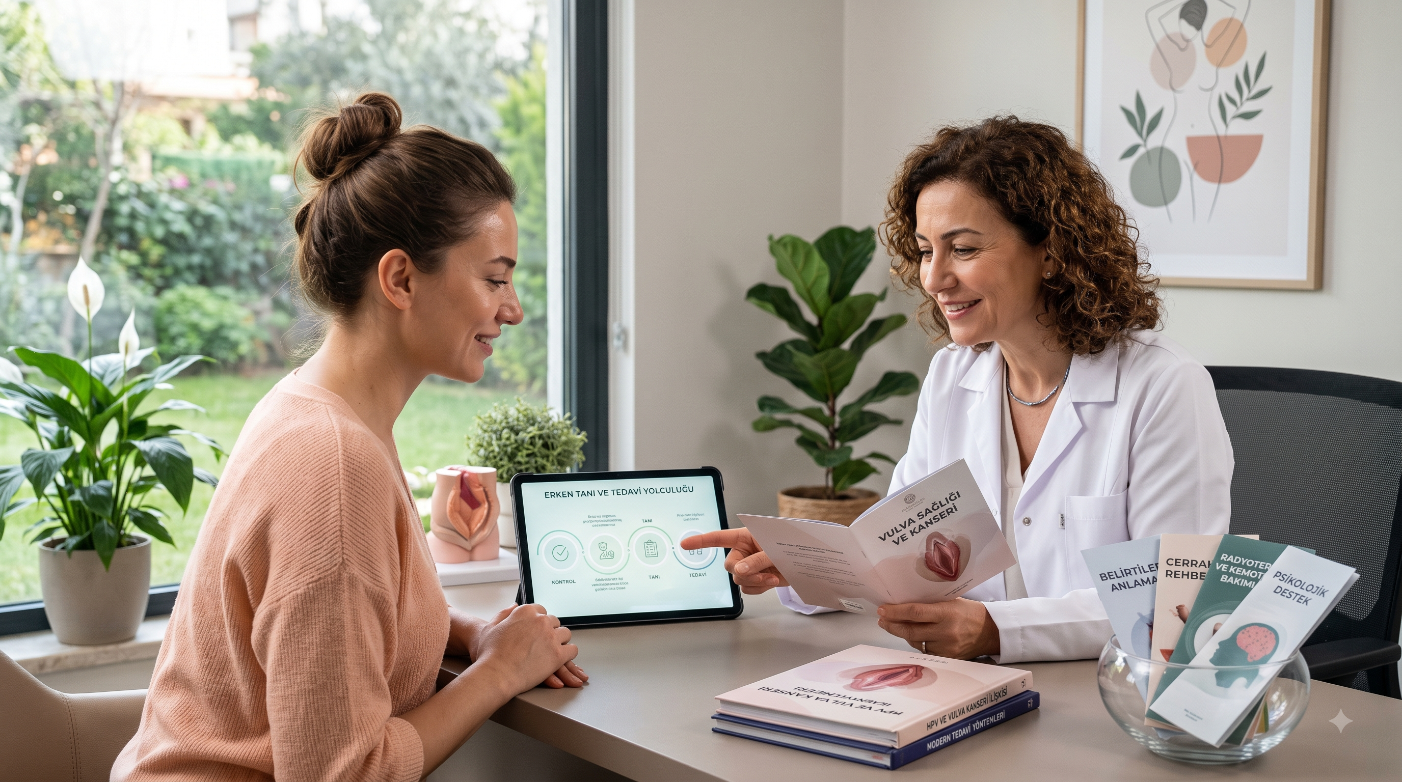 Vulva kanseri farkındalığı ve bilgilendirme: Modern ve elegant bir jinekoloji kliniğinde uzman kadın doktor, hastasına vulva sağlığı ve kanser taraması hakkında güven verici bilgi sunuyor, tablet üzerinde anatomik şema görülüyor.