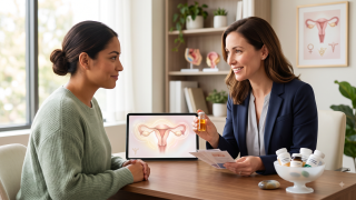 Hormonal doğum kontrol yöntemlerini (hap, implant, halka) ve etkilerini doktoruyla tartışan bir kadının yer aldığı, güven verici ve modern bir klinik ortamı portresi.