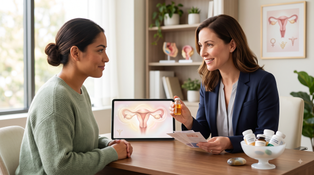 Hormonal doğum kontrol yöntemlerini (hap, implant, halka) ve etkilerini doktoruyla tartışan bir kadının yer aldığı, güven verici ve modern bir klinik ortamı portresi.