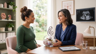 Yüksek riskli gebelik ve maternal sağlık takibi yapan modern bir kadın doğum doktoru ve ultrason odası portresi.