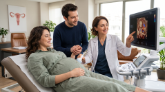 Gelecek anne, modern bir kadın sağlığı kliniğinde Doppler ultrason muayenesi sırasında gülümseyen doktorla etkileşime giriyor, ekranda detaylı fetus görüntüsü var.