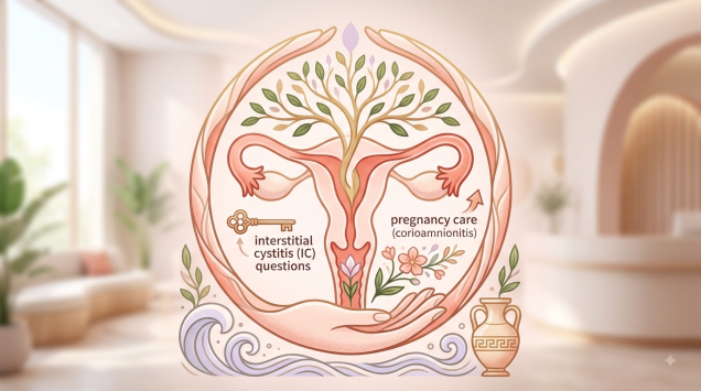 Kadın enfeksiyonları, pelvik sağlık ve şifa ağacını tasvir eden elegant bir illüstrasyon.