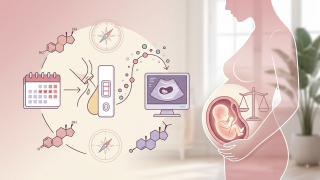 Gebelik testi süreci ve erken gebelik belirtilerini gösteren tıbbi illüstrasyon, rahim ve embryo detaylı.