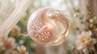 afif, şeffaf küreler ve akışkan hatlardan oluşan, yaşamın başlangıcındaki yumurta ve sperm birleşmesini simgeleyen, Ying Yang tarzında soyut sanatsal illüstrasyon.