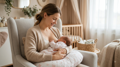 Bebeğini emziren mutlu anne ve yenidoğan bebek, emzirme teknikleri ve anne sütünün faydaları rehberi görseli.